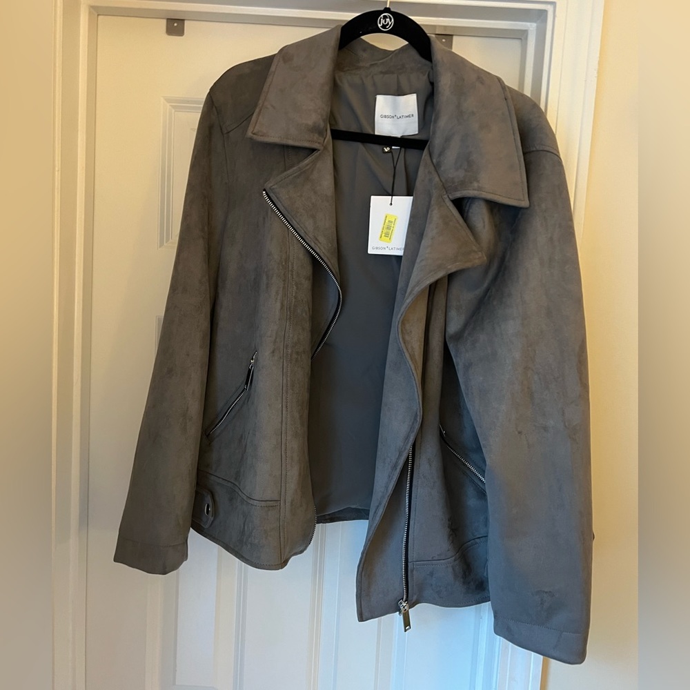 Grey faux suede moto jacket